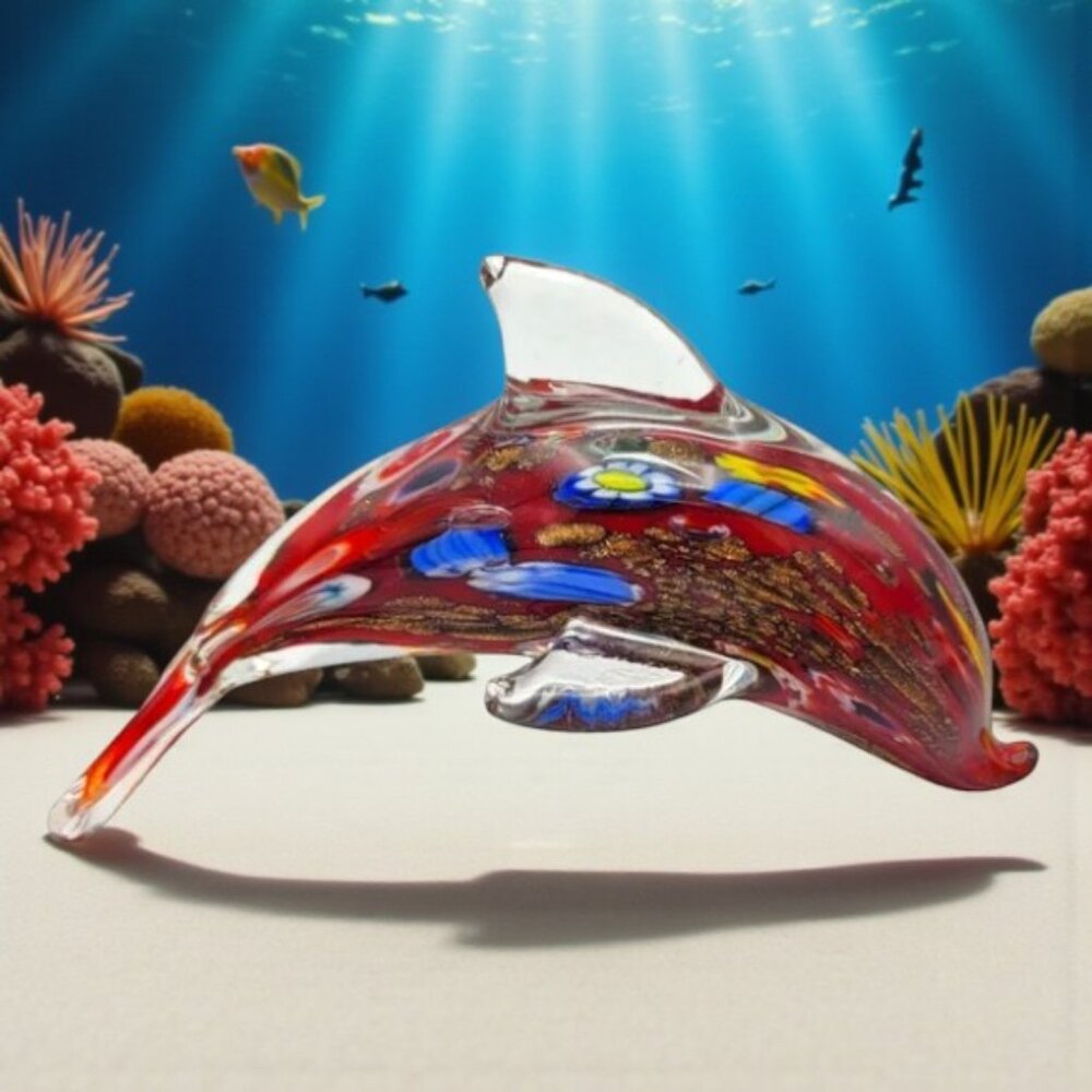Hand Blown Millefiori Dolphin Figurine Paperweight